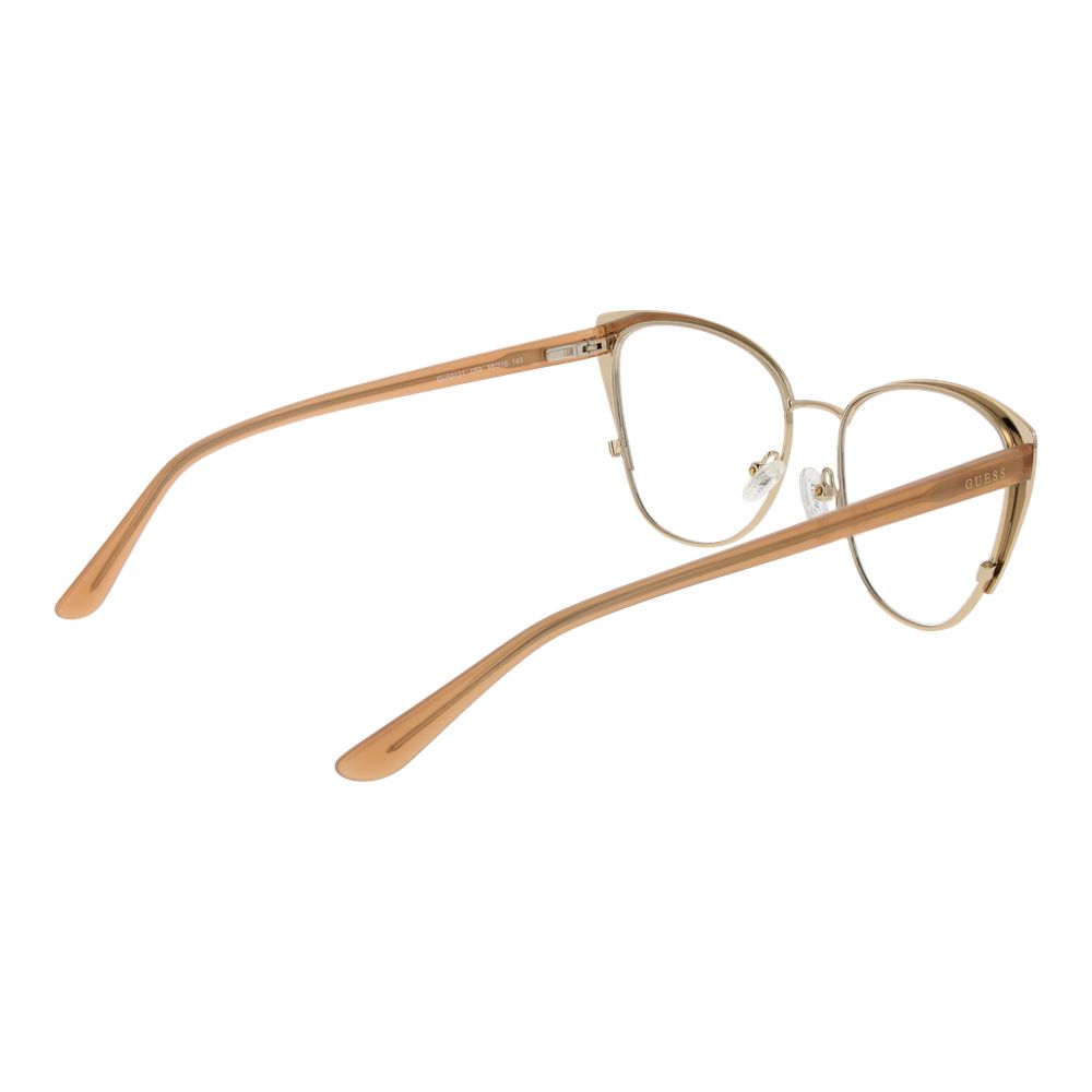 Guess Beige Women Glasses Frame in metal full-rim cat eye style, includes branded case and demo lenses, size 55-16-145.