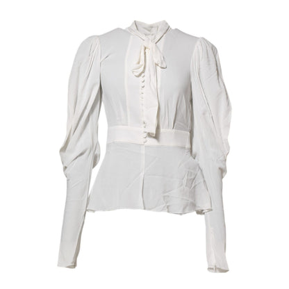 Dolce & Gabbana White Viscose Ascot Collar Long Sleeves Top