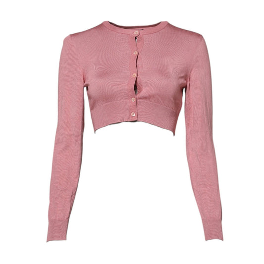 Dolce & Gabbana Pink Silk Cropped Crew Neck Cardigan Sweater with button closure and logo details, made in Italy, preowned with minor wear.