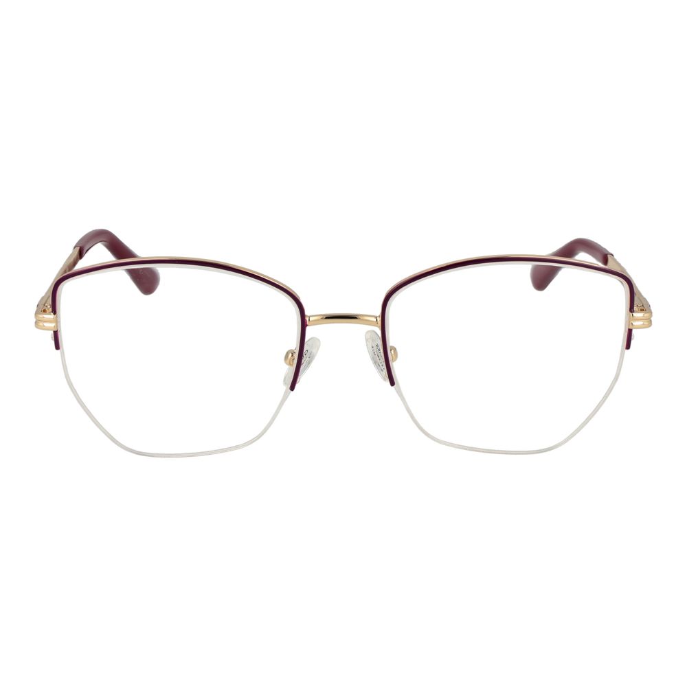Guess Purple Women Glasses Frame with metal half-rim geometric design, demo lenses, and spring hinge. Includes branded case. Size 53-18-140.