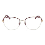 Guess Purple Women Glasses Frame with metal half-rim geometric design, demo lenses, and spring hinge. Includes branded case. Size 53-18-140.