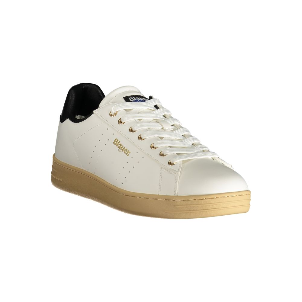 Blauer White Polyester Sneaker with laces, contrast details, print, and logo; sports footwear perfect for everyday wear.