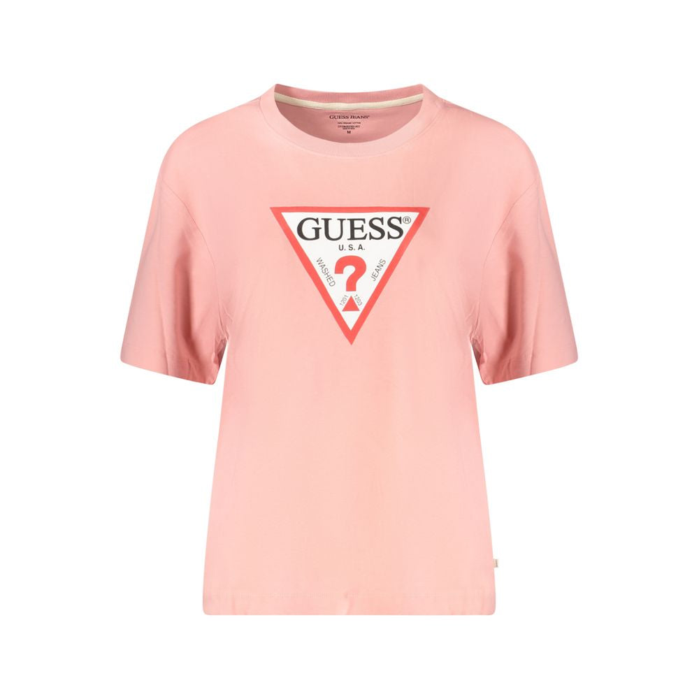 Guess Jeans Pink Cotton Women T-Shirt with iconic logo print, trendy oversized style, made from organic cotton for comfort and fashion-forward look.