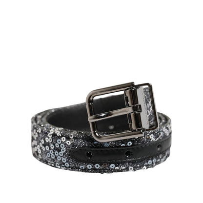 Dolce & Gabbana Black Sequins Silver Metal Logo Buckle Belt
