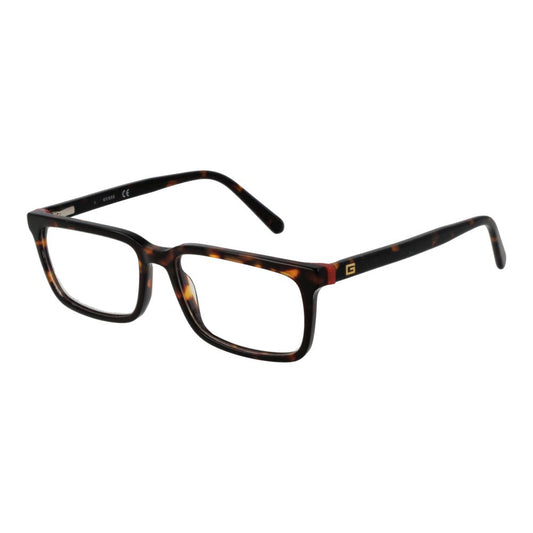 Guess Brown Men Glasses Frame in rectangular full-rim, plastic material with 52mm demo lenses, includes a branded case, spring hinge.