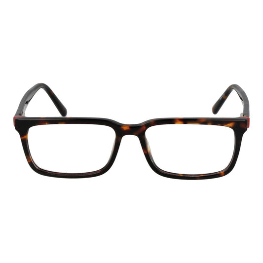 Guess Brown Men Glasses Frame in rectangular style with full-rim plastic design, brown color, 52mm lenses, 15mm bridge.