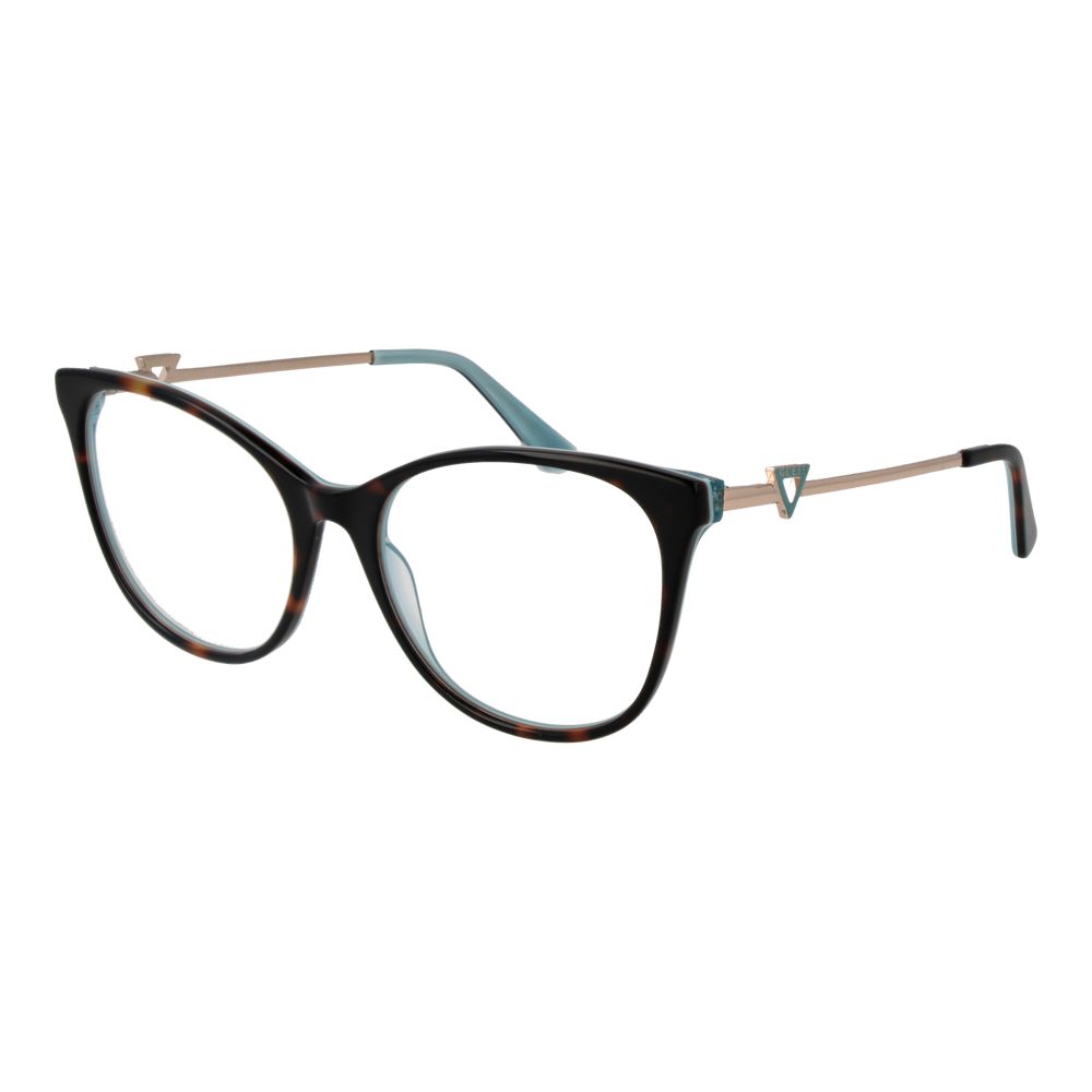 Guess Brown Women Glasses Frame in full-rim acetate butterfly design with demo lenses, includes branded case, spring hinge.