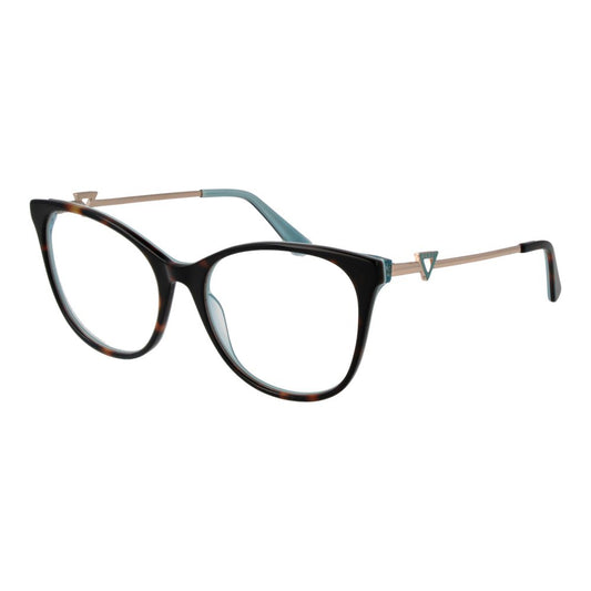 Guess Brown Women Glasses Frame in full-rim acetate butterfly design with demo lenses, includes branded case, spring hinge.