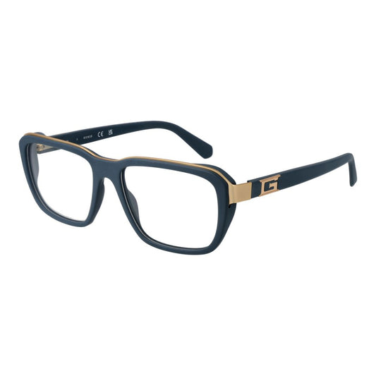 Guess Blue Men Glasses Frame in blue acetate, full-rim rectangle style, spring hinge, size 55-16-145, with branded case.