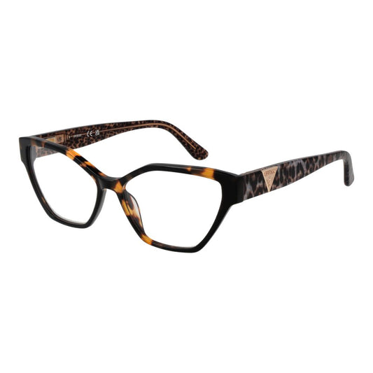 Guess Brown Women Glasses Frame in acetate with full-rim cat eye style, featuring demo lenses, spring hinge, and branded case included.