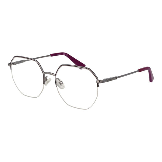 Guess Silver Women Glasses Frame in rectangle style with silver metal half-rim, demo lenses, and spring hinge, size 52-18-140.
