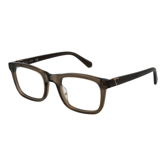 Guess Brown Men Glasses Frame, full-rim rectangle style with plastic material in brown, featuring spring hinge and branded case included.