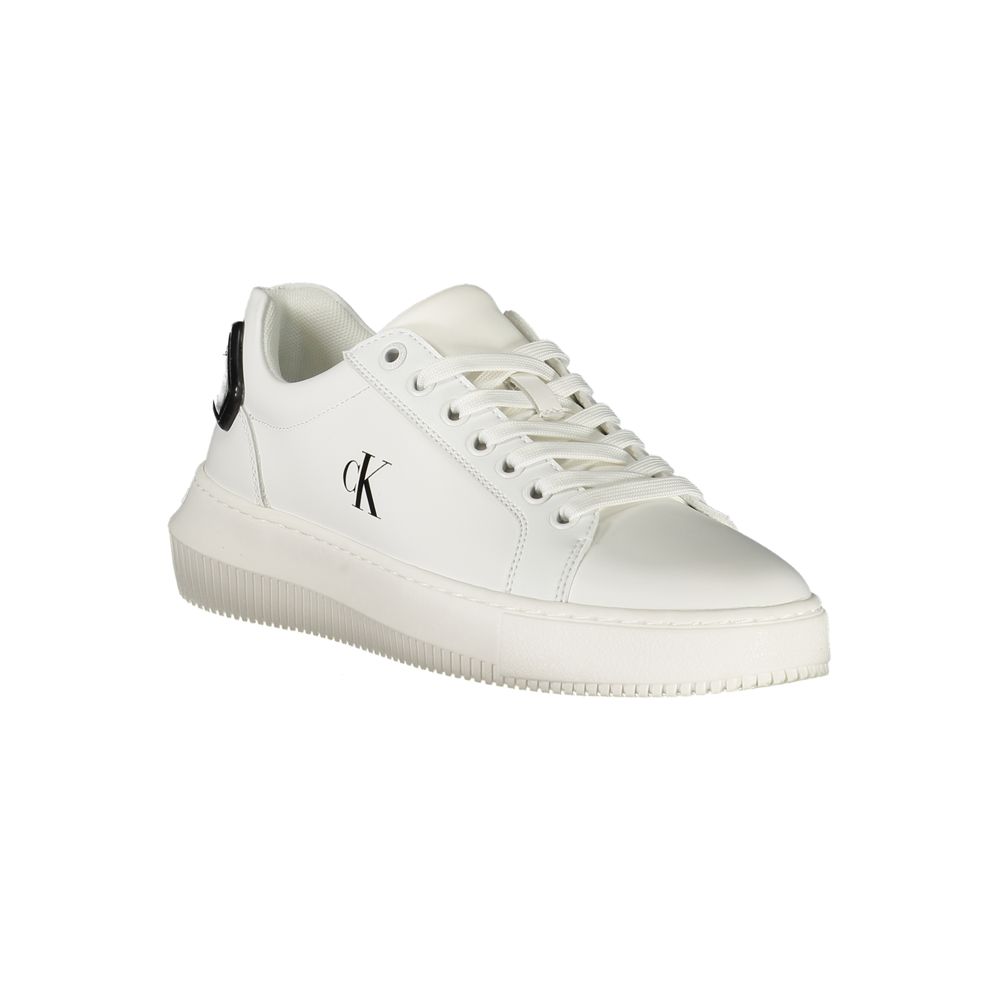 Calvin Klein White Leather Women Sneaker with bold black accents and removable footbed for comfort and style.