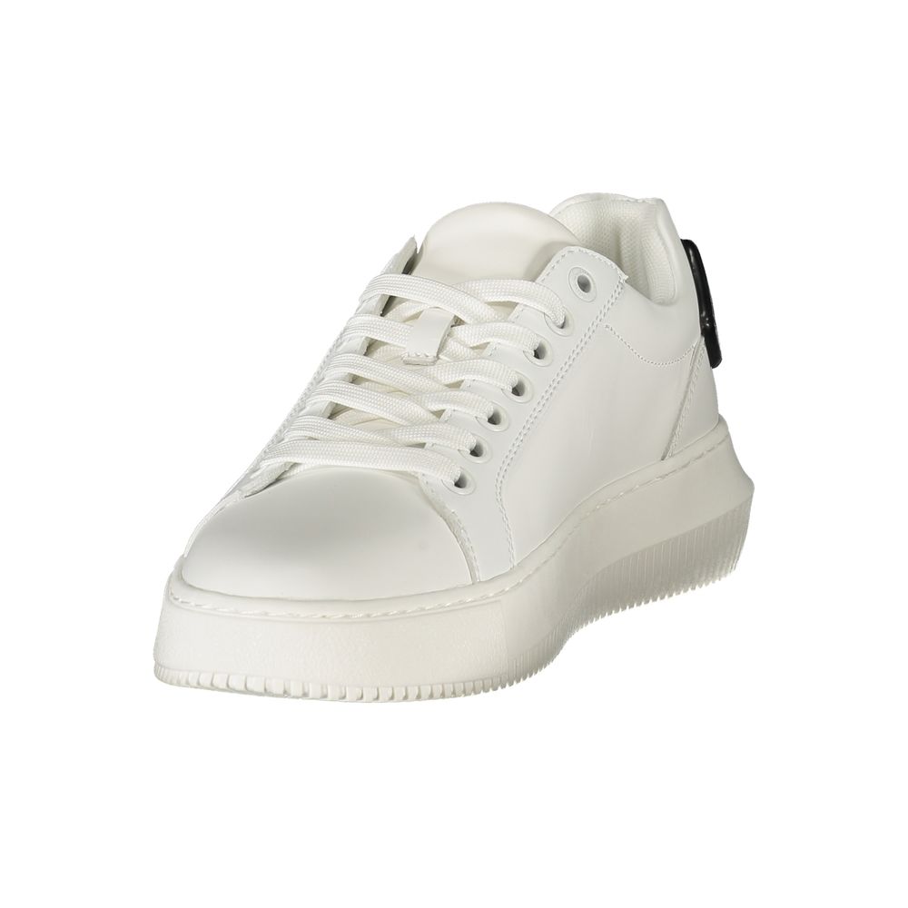 Calvin Klein White Leather Women Sneaker with removable footbed and black accents, showcasing sleek sophistication and urban elegance.