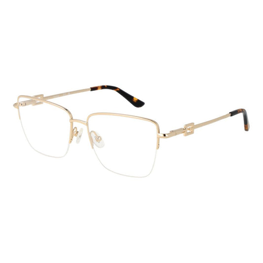 Guess Gold Women Glasses Frame, half-rim style, gold metal trapezium design, demo plastic lenses, includes branded case, size 55-16-140.
