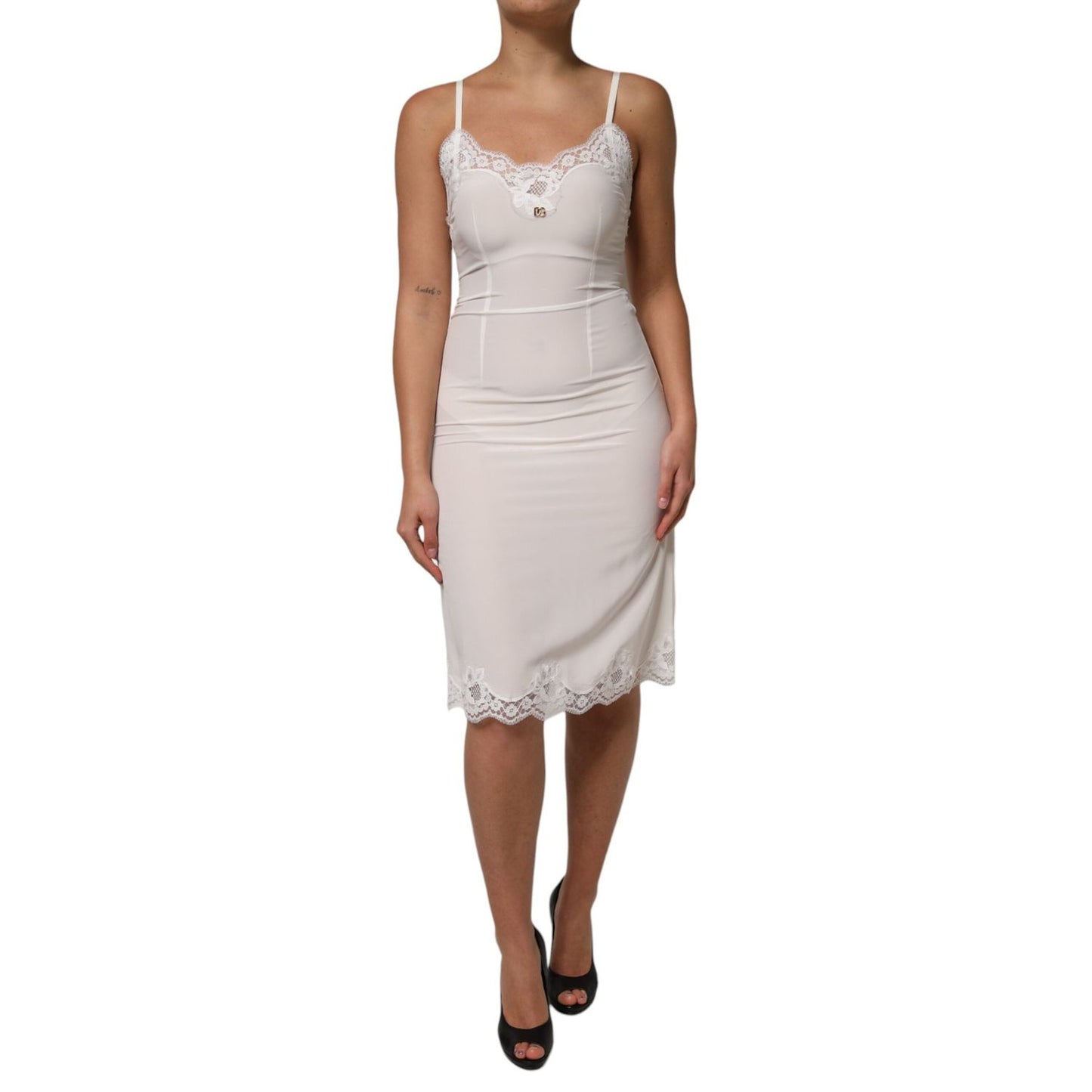 Dolce & Gabbana White Lace Gold DG Logo Silk Dress Sleepwear