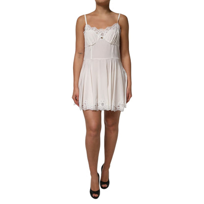 Dolce & Gabbana White Lace Gold DG Logo Silk Dress Sleepwear