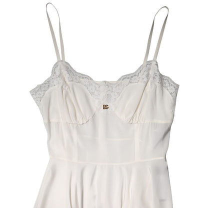 Dolce & Gabbana White Lace Gold DG Logo Silk Dress Sleepwear