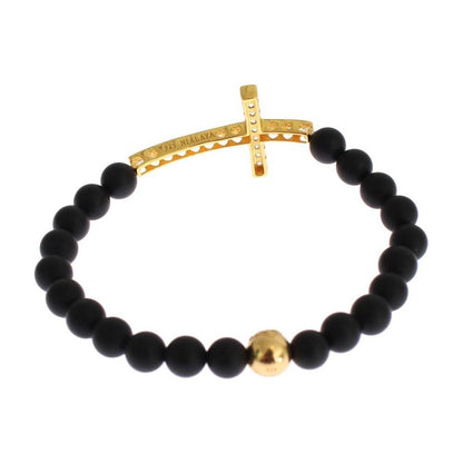 Nialaya Matte Onyx Stone Gold CZ Cross 925 Silver Bracelet Bracelet