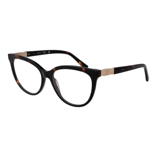 Guess Brown Women Glasses Frame in acetate full-rim cat eye style with demo plastic lenses, size 54-16-140, includes branded case.