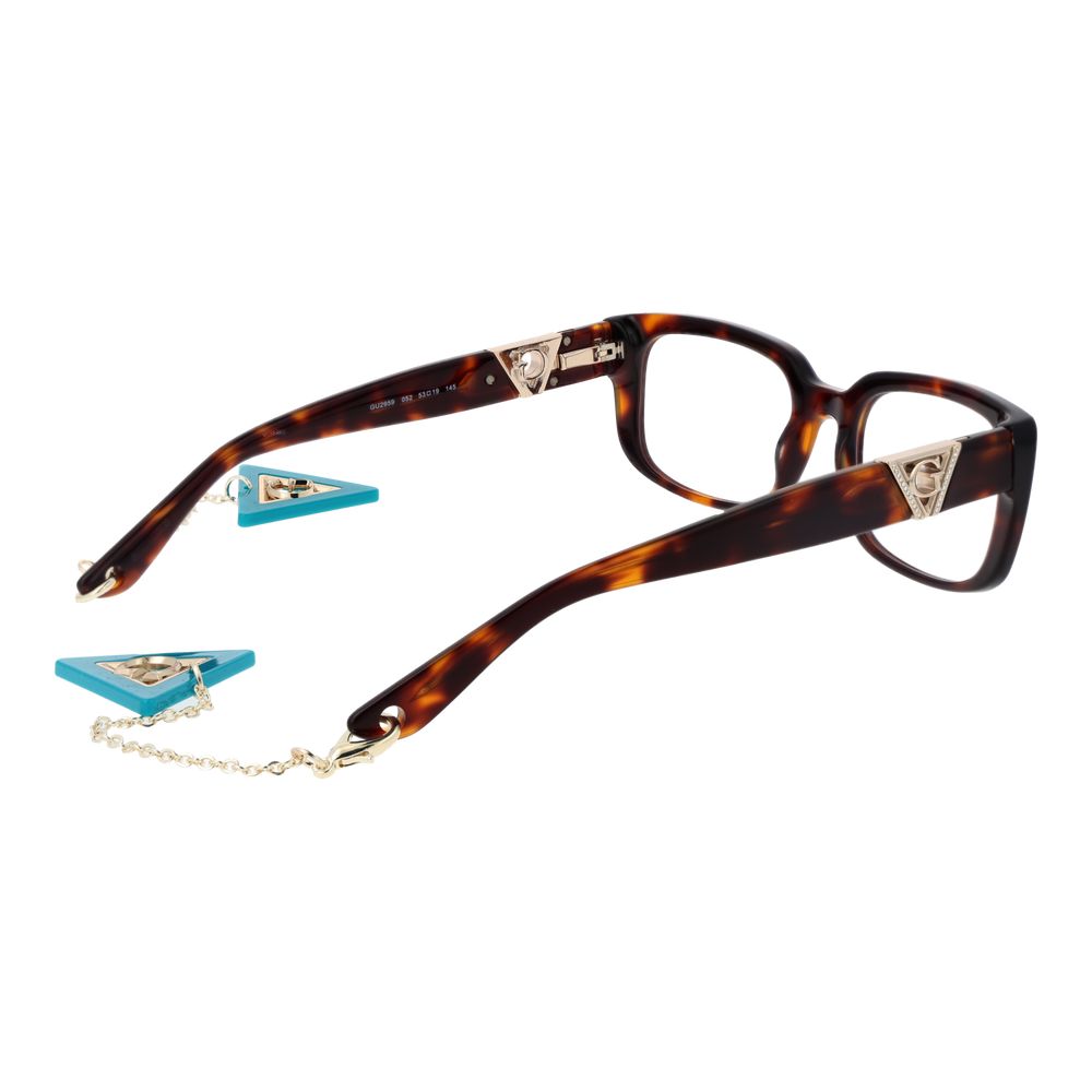 Guess Brown Women Glasses Frame with acetate full-rim design, demo lenses, and branded case. Includes eyewear chain.