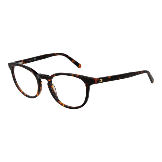 Guess Brown Men Glasses Frame, full-rim acetate with round style, demo lenses, and spring hinge, frame width 135mm.