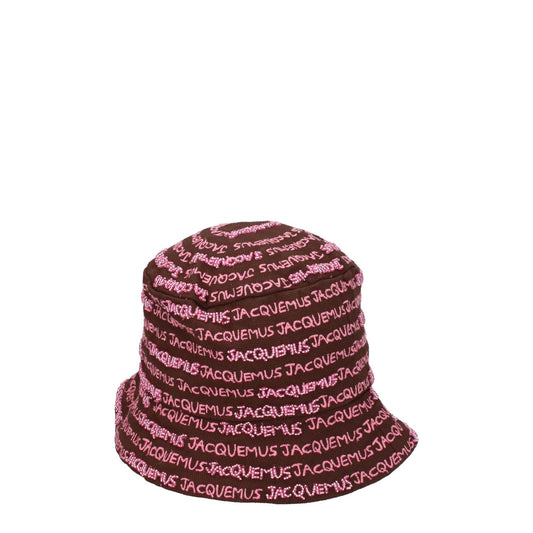 Jacquemus Brown Cotton Bucket Hat with pink logo and beaded accents, 100% cotton, casual style, MPN 235AC4515035850.