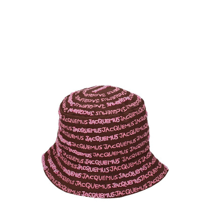 Jacquemus Brown Cotton Bucket Hat with pink logo beading, casual style, 100% cotton, product code F76826, MPN 235AC4515035850.