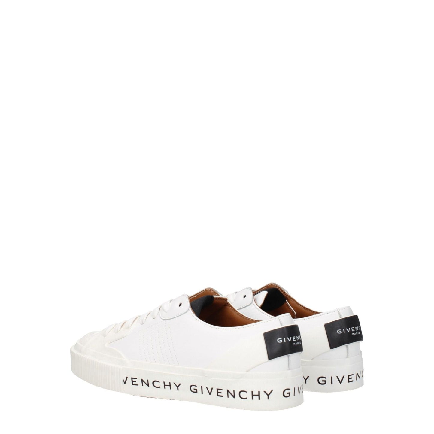 Givenchy White Leather Low Top Sneakers with logo accents, lace-up closure, and rubber sole. Stylish and sporty designer footwear.