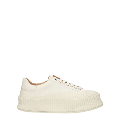 Jil Sander White Fabric Platform Sneakers with aged effect, lace-up closure, and wedge heel, side view displaying rubber sole.