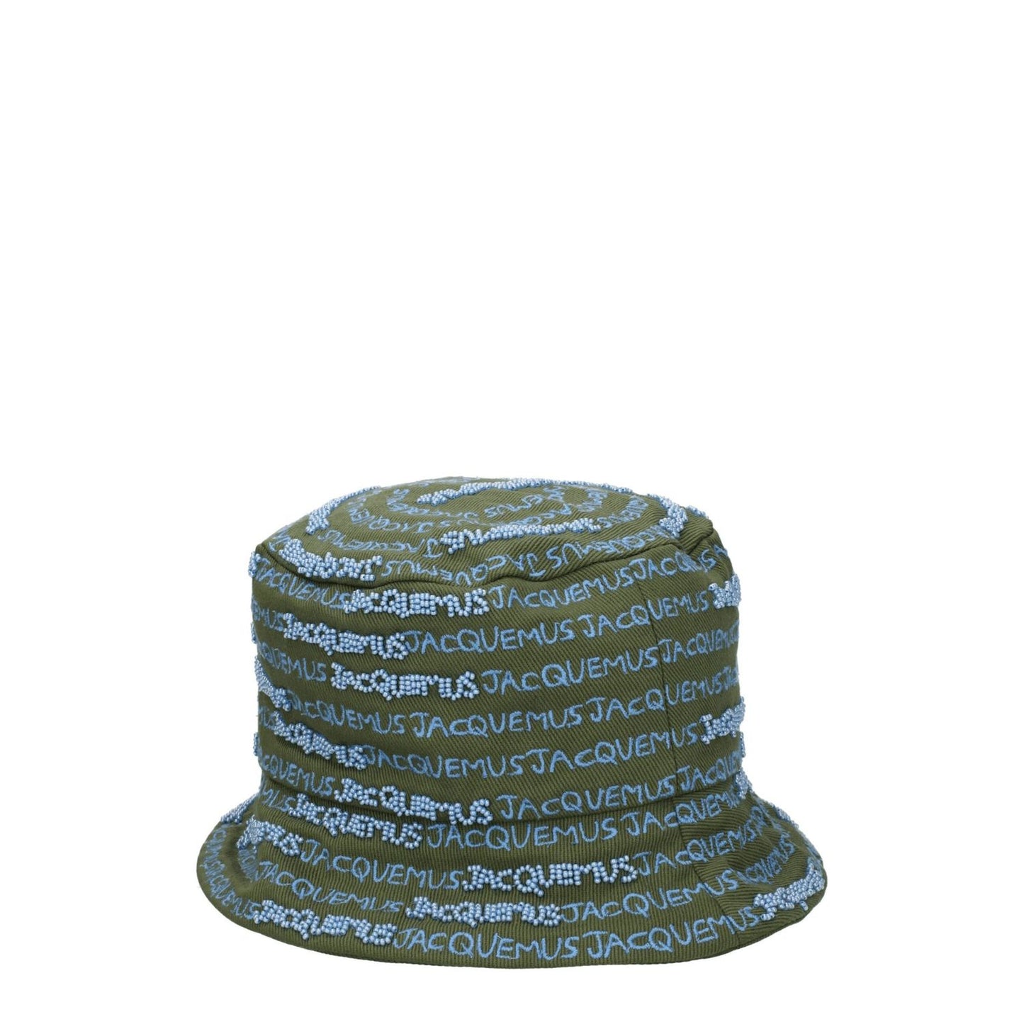 Jacquemus Green Cotton Bucket Hat with logo, beaded design, and khaki embellishments.