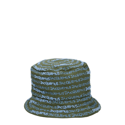 Jacquemus Green Cotton Bucket Hat with logo, beaded design, and khaki embellishments.
