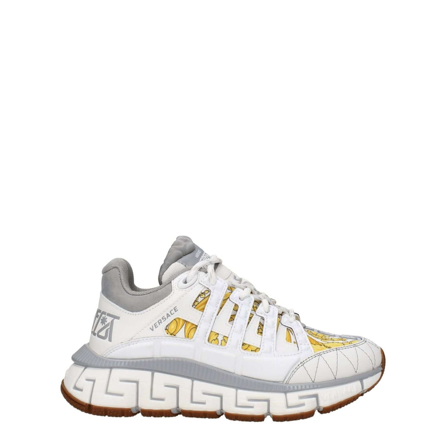 Versace White Fabric Athletic Sneakers with logos and rubber sole, casual lace-up style with 4.5 cm mid heels.