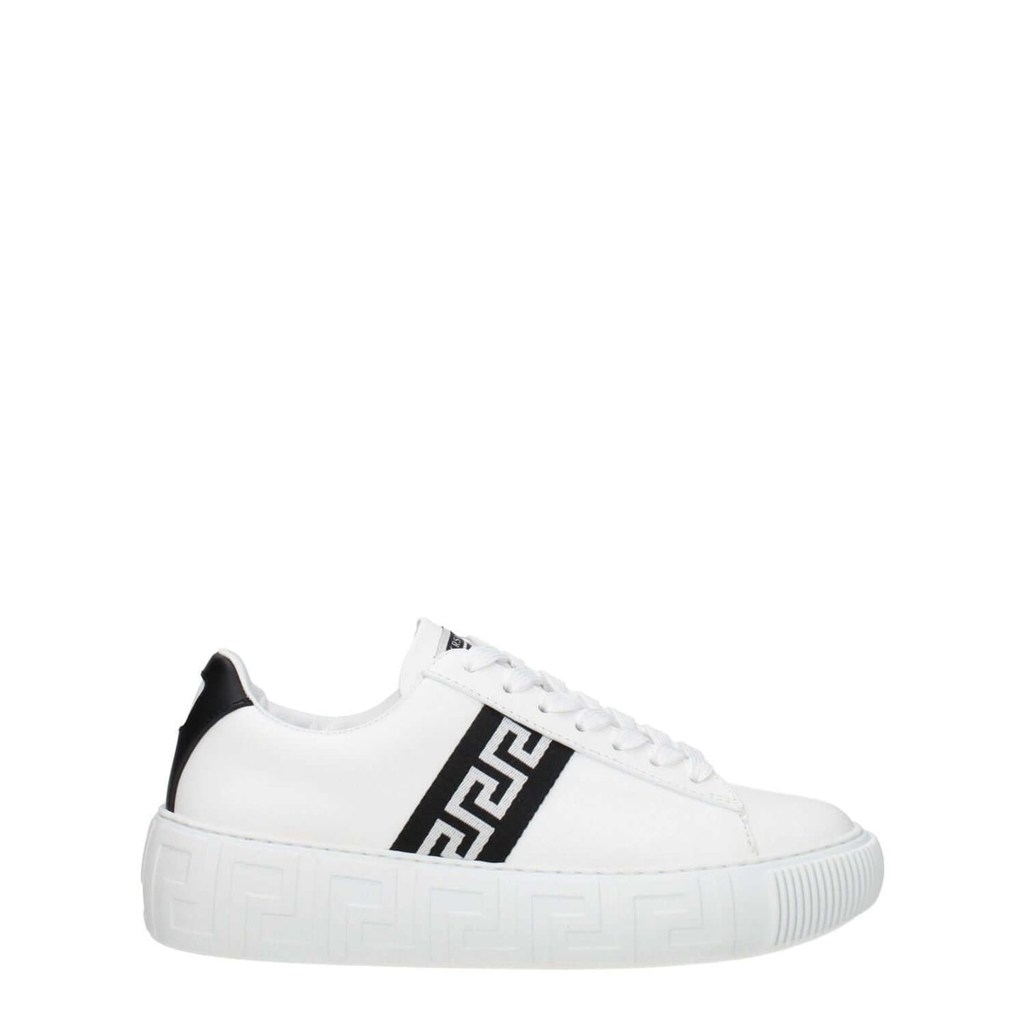 Versace White Leather Low Top Sneakers with black accents and lace-up closure, featuring a rubber sole and round toe design.