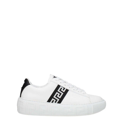 Versace White Leather Low Top Sneakers with black accents and lace-up closure, featuring a rubber sole and round toe design.