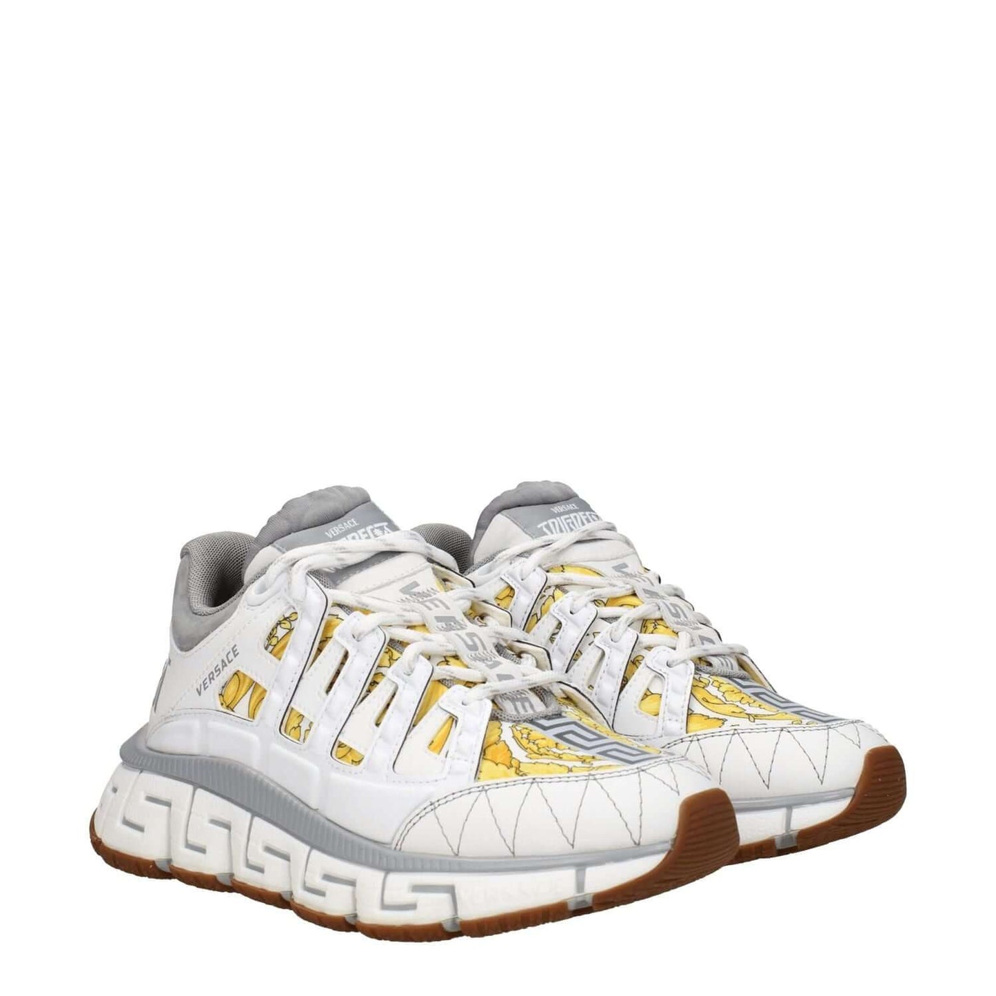 Versace White Fabric Athletic Sneakers with logos, lace-up closure, rubber sole, round toe, featuring grey and yellow print details.
