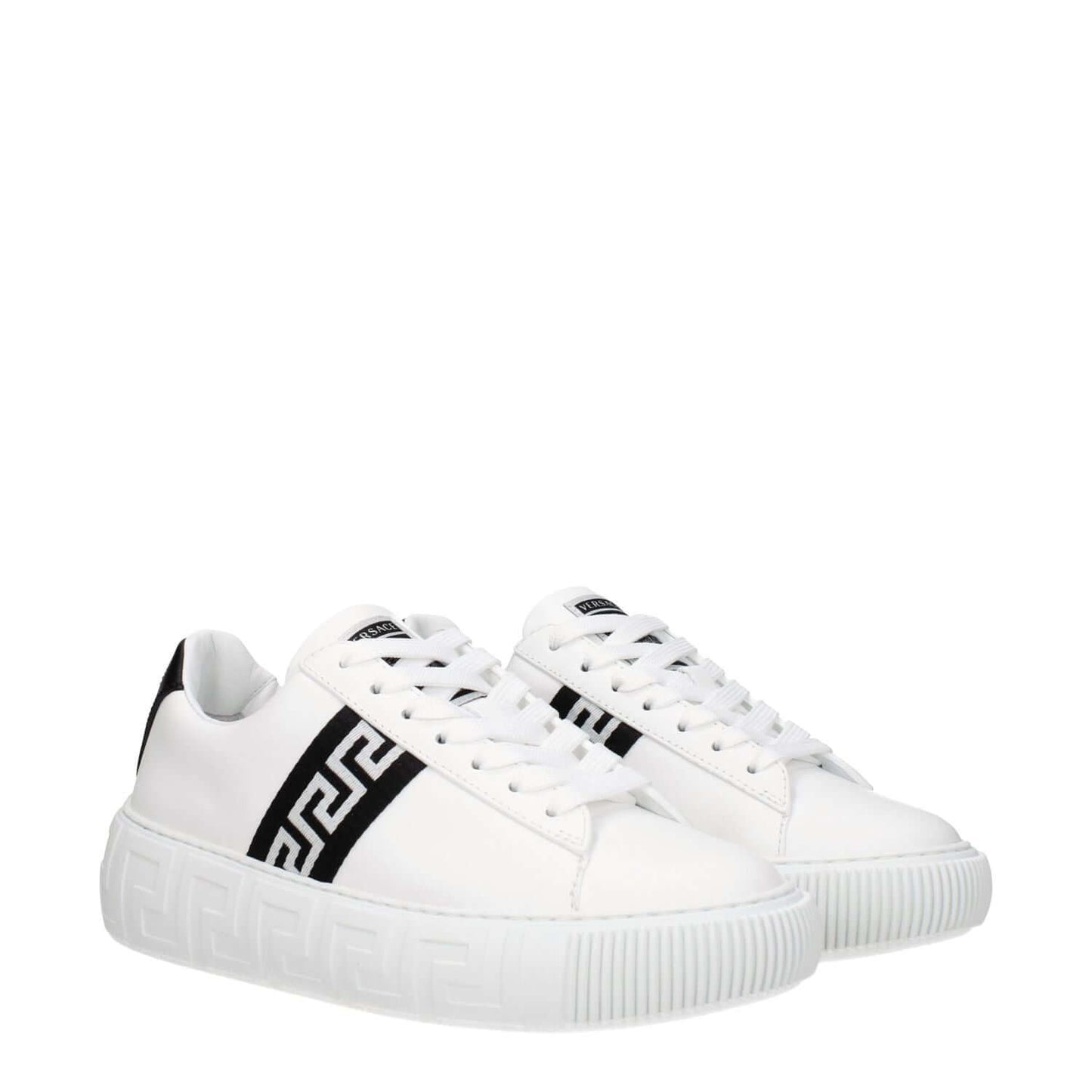 Versace White Leather Low Top Sneakers with logo and lace-up closure, casual style, rubber sole, round toe, black accents.