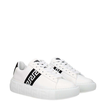 Versace White Leather Low Top Sneakers with logo and lace-up closure, casual style, rubber sole, round toe, black accents.
