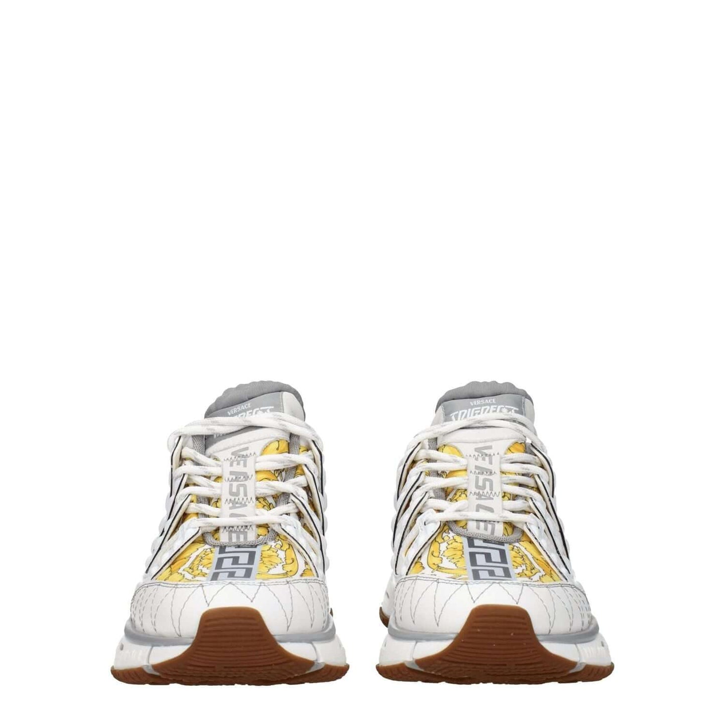 Versace White Fabric Athletic Sneakers with logos, lace-up closure, and rubber sole. Casual style with grey accents, 4.5 cm mid heel.