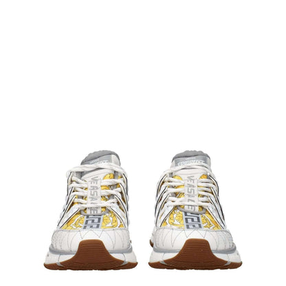 Versace White Fabric Athletic Sneakers with logos, lace-up closure, and rubber sole. Casual style with grey accents, 4.5 cm mid heel.