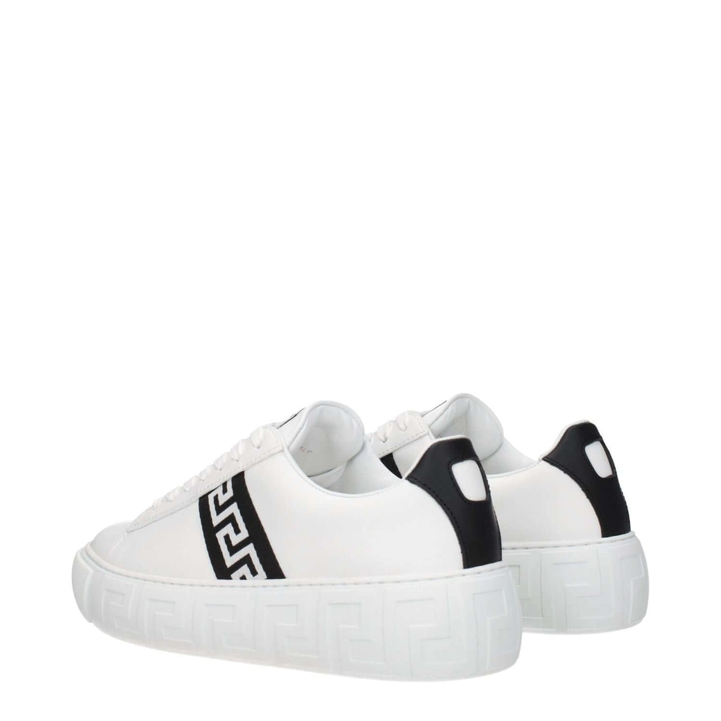 Versace White Leather Low Top Sneakers with black accents, lace-up closure, and rubber sole, featuring the front logo.