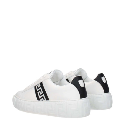 Versace White Leather Low Top Sneakers with black accents, lace-up closure, and rubber sole, featuring the front logo.