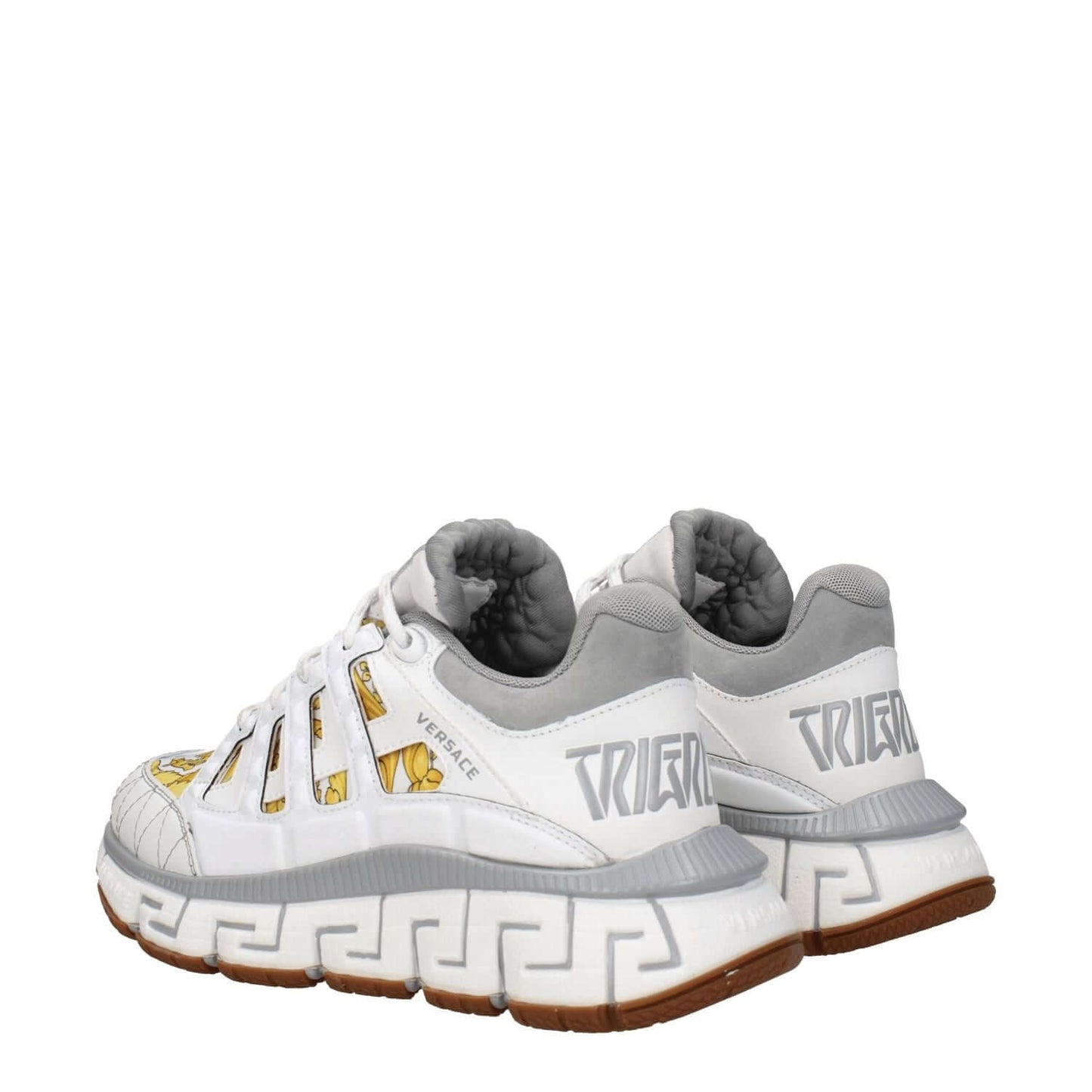 Versace White Fabric Athletic Sneakers with logos, lace-up closure, rubber sole, mid heels, and grey accents, featuring round toe design.