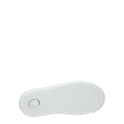 Versace White Leather Low Top Sneakers featuring rubber sole with logo, casual style, and lace-up closure.