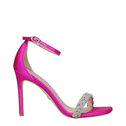 Stuart Weitzman Pink Satin Stiletto Heel Sandals with rhinestone details, open toe, and buckle closure, featuring a 10 cm high heel.