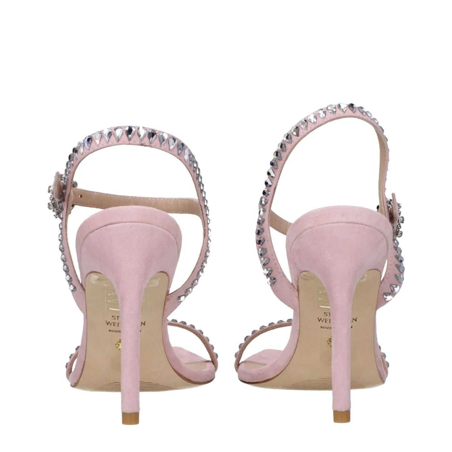 Back view of Stuart Weitzman Pink Leather Stiletto Heel Sandals with rhinestone detail and open toe design.
