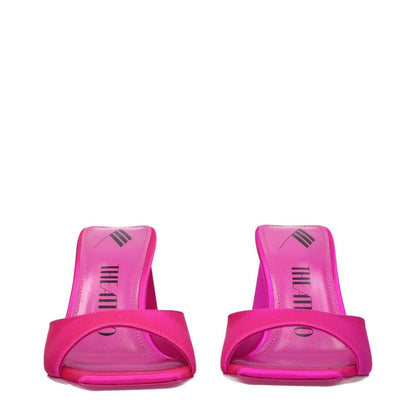 The Attico Pink Satin Stiletto Heel Sandals with open toe design and leather sole, featuring mid heels and luxurious satin material.