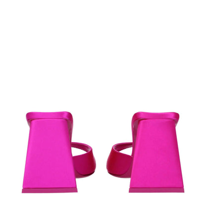 The Attico Pink Satin Stiletto Heel Sandals with 8.5 cm mid heels, open toe design, and leather sole, view from the back.