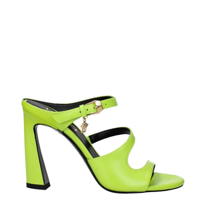 Versace Green Leather Stiletto Heel Sandals with buckle closure, open toe design, lime accents, and gold details. MPN: 10185371A020871GF1V.