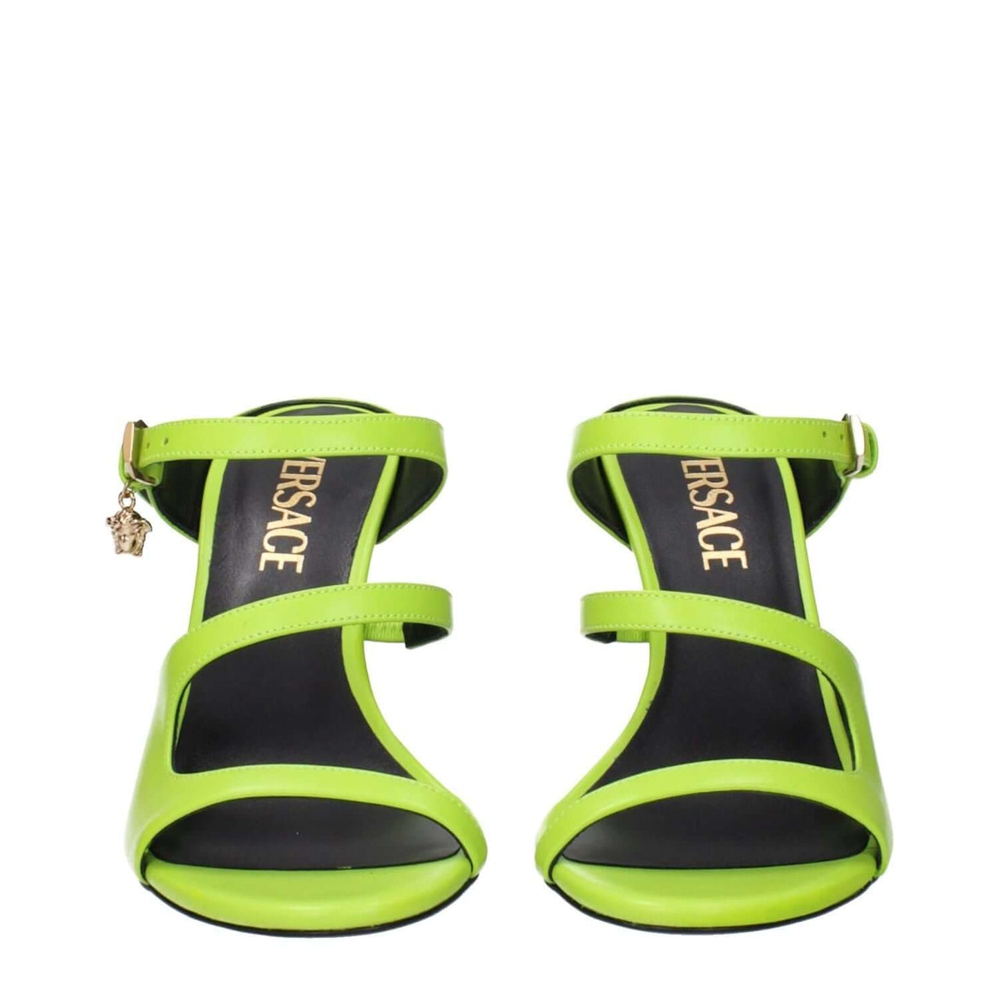 Versace Green Leather Stiletto Heel Sandals with side detail and buckle closure, featuring high heels and open toe design in stylish lime color.